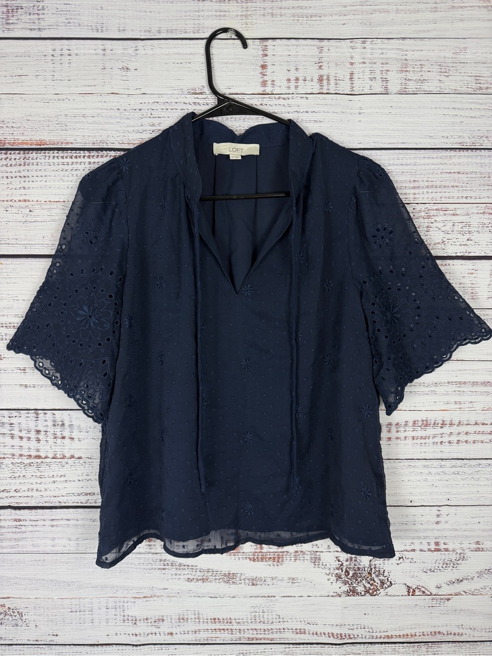 LOFT Navy Blue Eyelet Flutter Sleeve Blouse – Size S